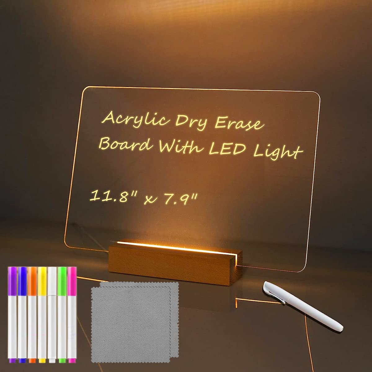 Climberty 3D Acrylic Writing Board with 7 Color Pen, 11.8'' X 7.9'' USB Light up Dry Erase Board with Wood Base, Rewritable Acrylic Writing Board for Leaving Messages, Daily Schedules, Plans, Notes Climberty 3D Acrylic Writing Board with 7 Color Pen, 11.8'' X 7.9'' USB Light up Dry Erase Board with Wood Base, Rewritable Acrylic Writing Board for Leaving Messages, Daily Schedules, Plans, Notes